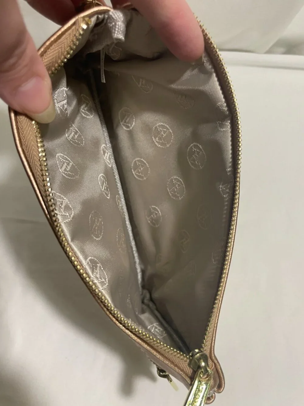 Adrienne Vittadini Rose Gold Metallic Wristlet Wallet Clutch Double Zip Pouch